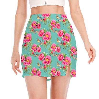 Bird Pink Floral Flower Pattern Print Side Slit Mini Skirt