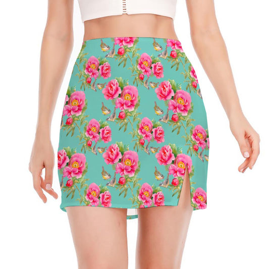 Bird Pink Floral Flower Pattern Print Side Slit Mini Skirt
