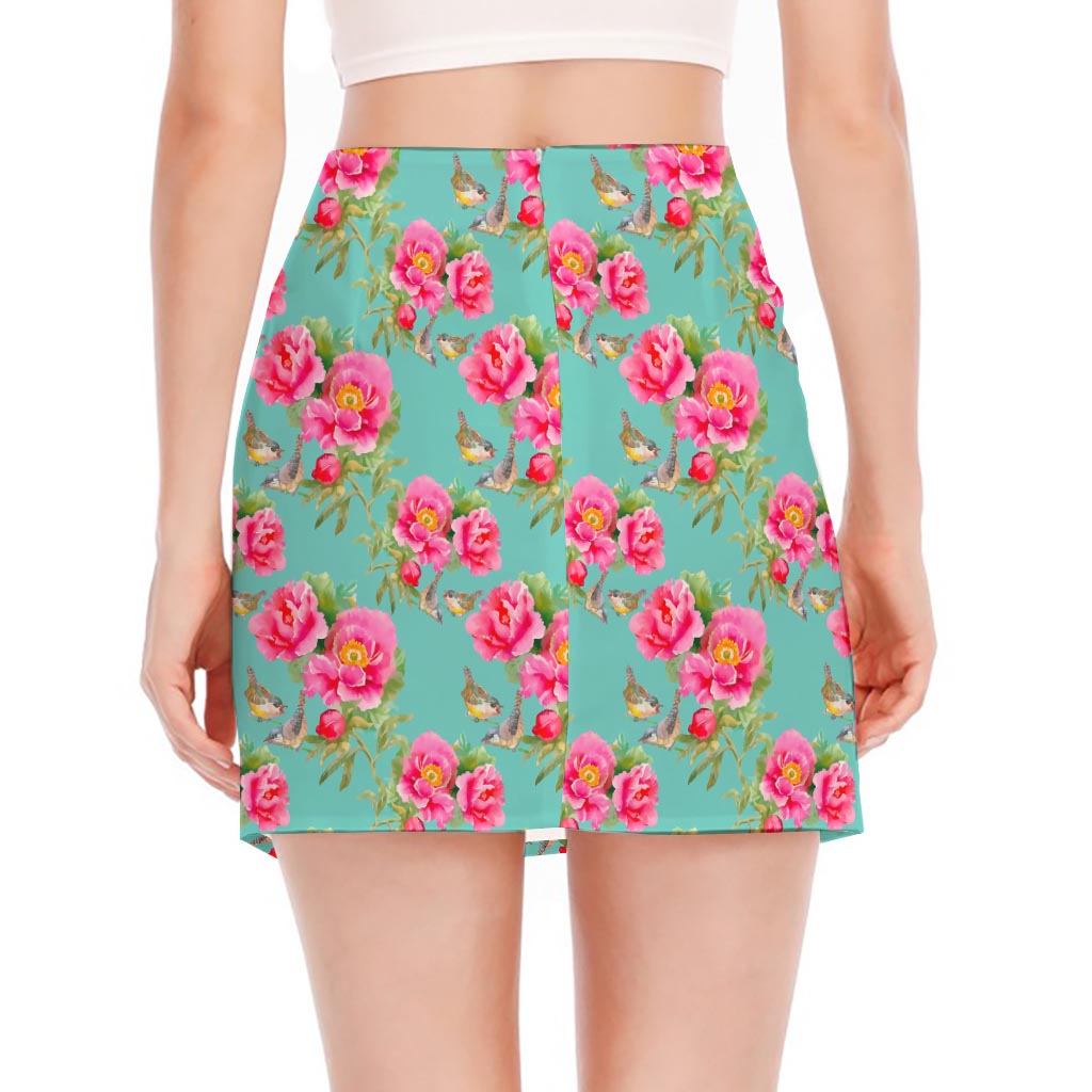 Bird Pink Floral Flower Pattern Print Side Slit Mini Skirt