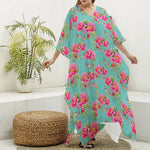 Bird Pink Floral Flower Pattern Print Silk V-Neck Kaftan Dress