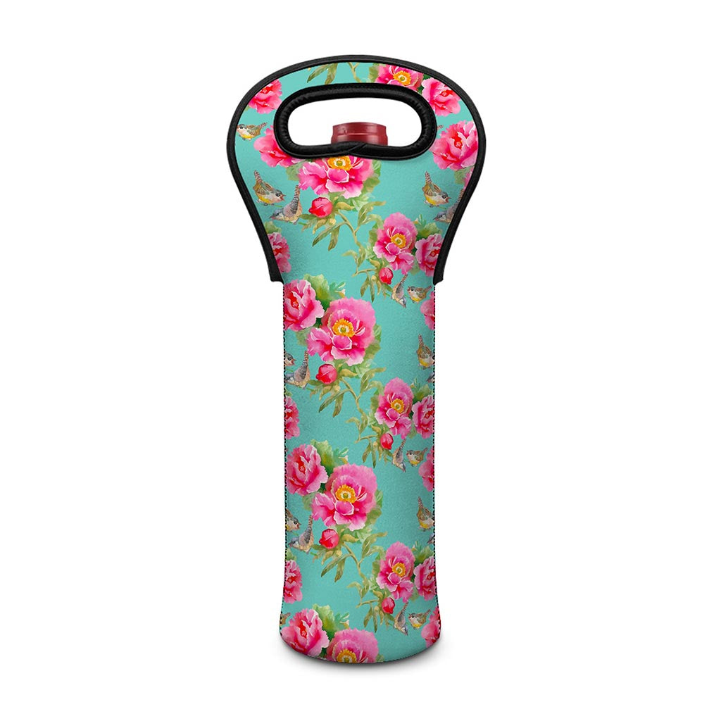 Bird Pink Floral Flower Pattern Print Single Neoprene Wine Tote