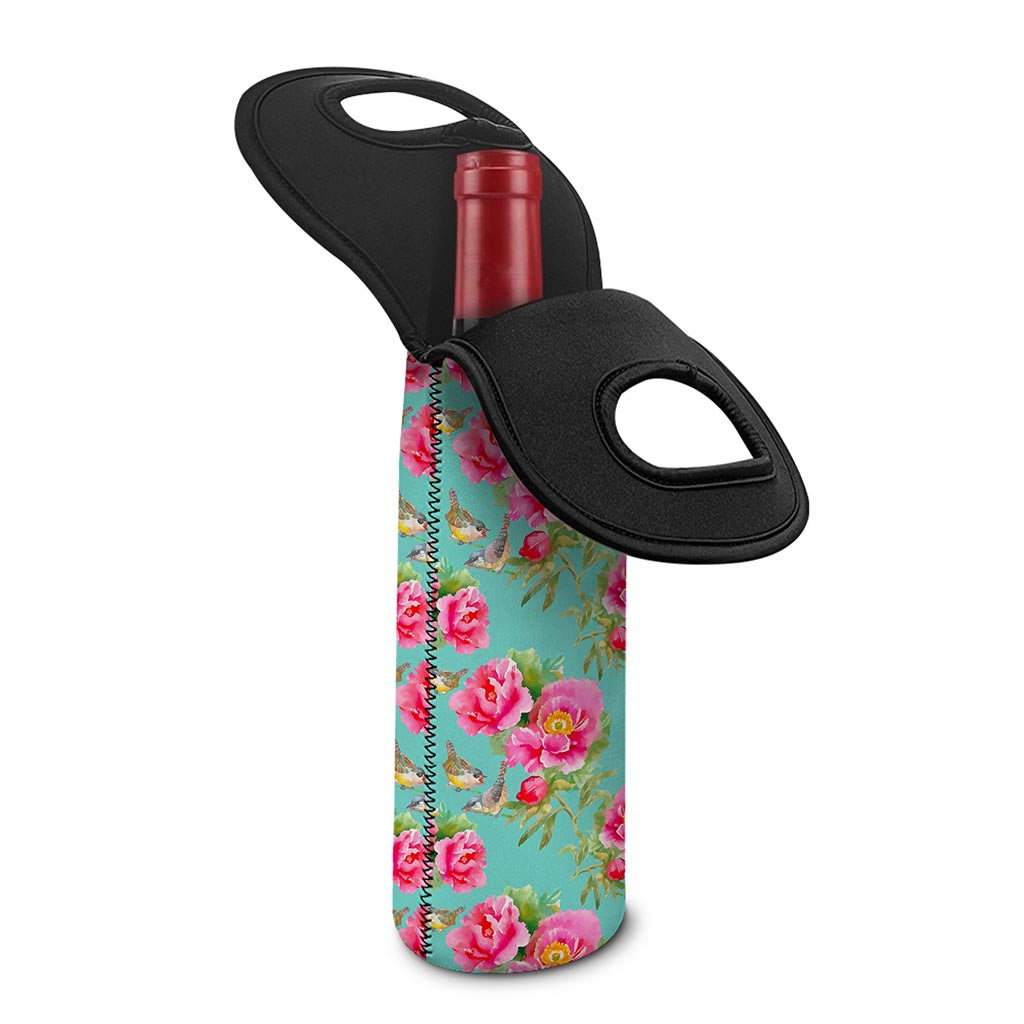 Bird Pink Floral Flower Pattern Print Single Neoprene Wine Tote