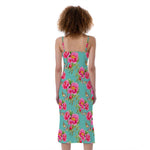 Bird Pink Floral Flower Pattern Print Slim Fit Midi Cami Dress