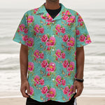 Bird Pink Floral Flower Pattern Print Textured Short Sleeve Shirt