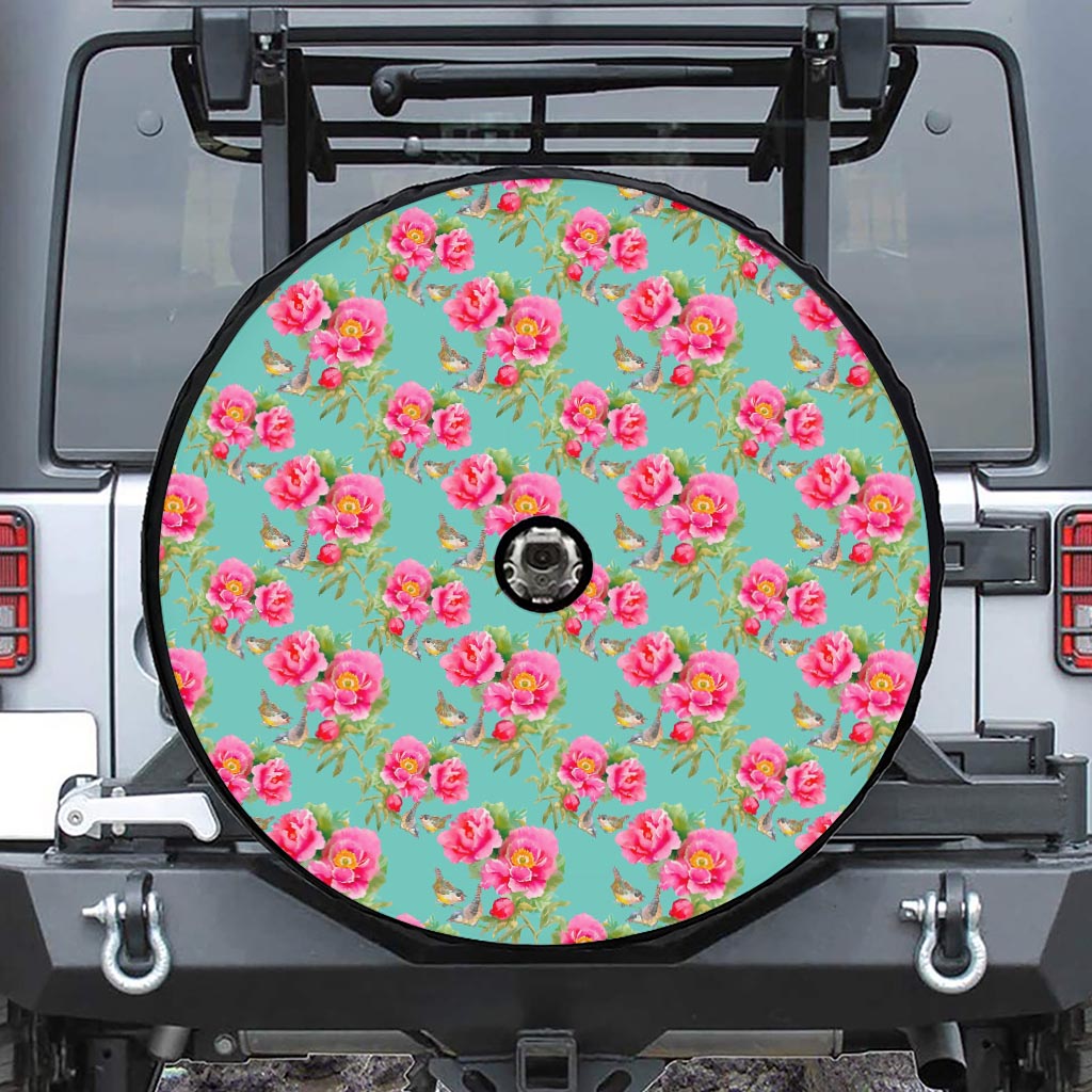 Bird Pink Floral Flower Pattern Print Tire Cover With Camera Hole