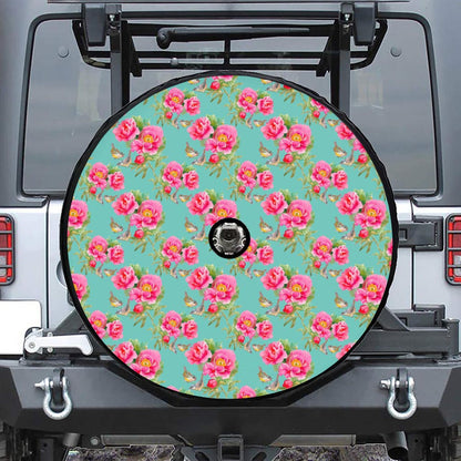 Bird Pink Floral Flower Pattern Print Tire Cover With Camera Hole