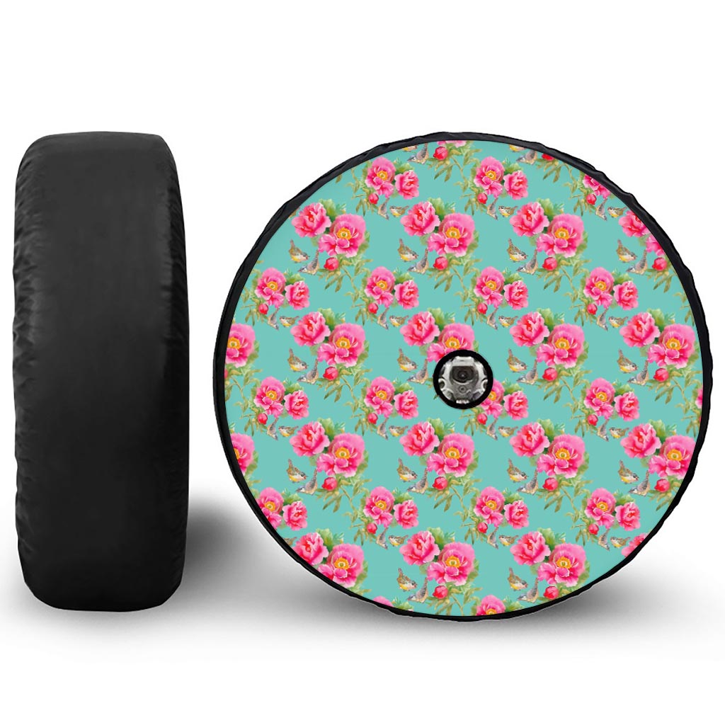 Bird Pink Floral Flower Pattern Print Tire Cover With Camera Hole
