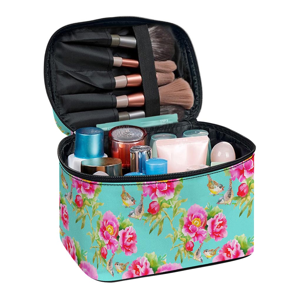 Bird Pink Floral Flower Pattern Print Travel Makeup Bag