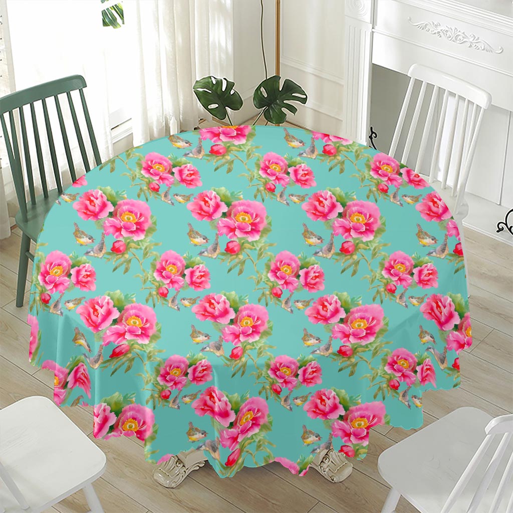 Bird Pink Floral Flower Pattern Print Waterproof Round Tablecloth