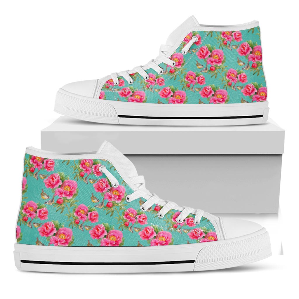 Bird Pink Floral Flower Pattern Print White High Top Sneakers