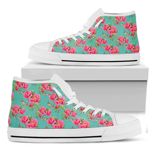 Bird Pink Floral Flower Pattern Print White High Top Sneakers
