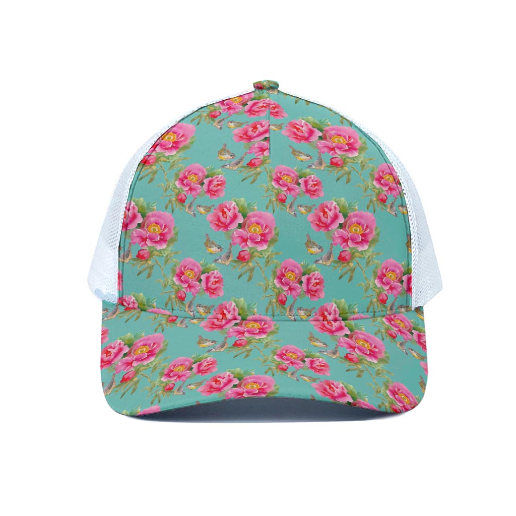 Bird Pink Floral Flower Pattern Print White Mesh Trucker Cap