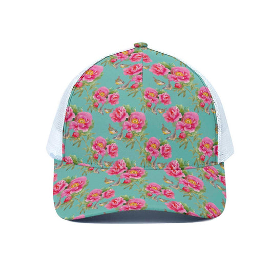 Bird Pink Floral Flower Pattern Print White Mesh Trucker Cap