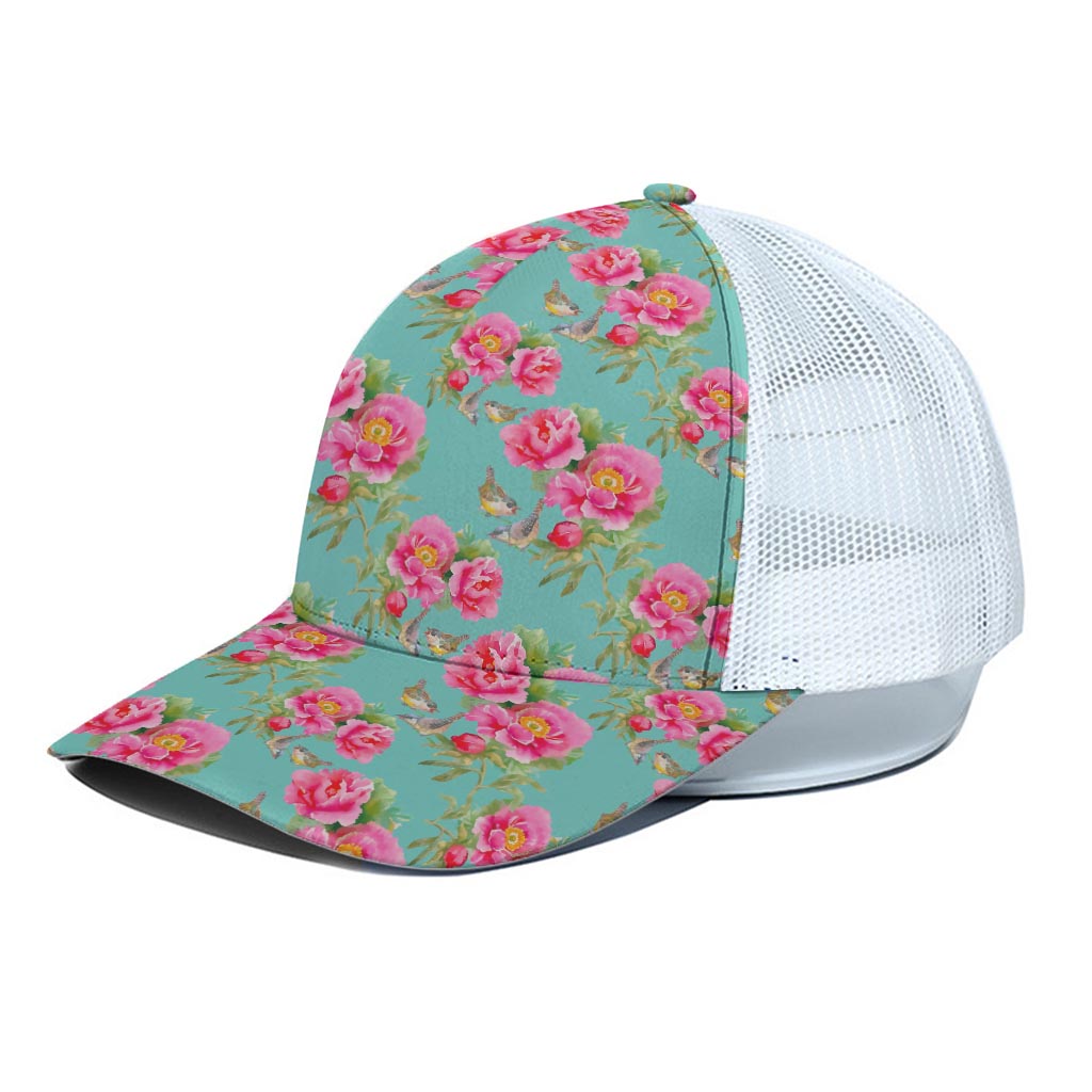 Bird Pink Floral Flower Pattern Print White Mesh Trucker Cap