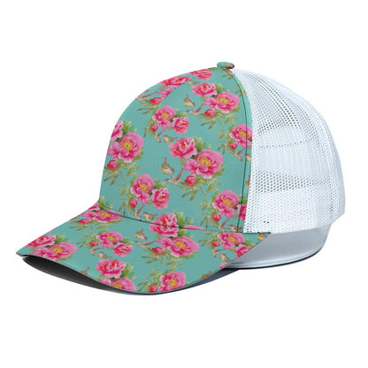 Bird Pink Floral Flower Pattern Print White Mesh Trucker Cap