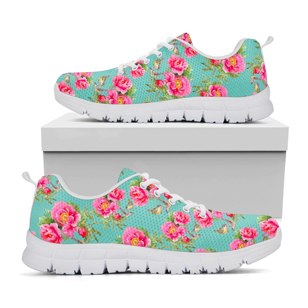 Bird Pink Floral Flower Pattern Print White Running Shoes