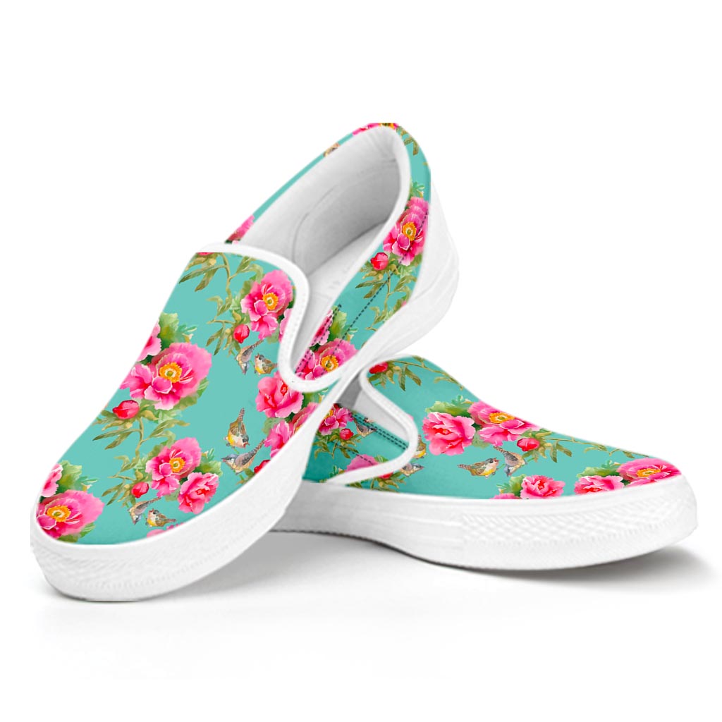 Bird Pink Floral Flower Pattern Print White Slip On Sneakers