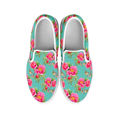 Bird Pink Floral Flower Pattern Print White Slip On Sneakers