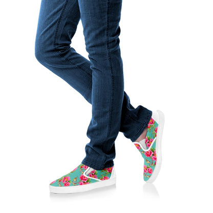 Bird Pink Floral Flower Pattern Print White Slip On Sneakers