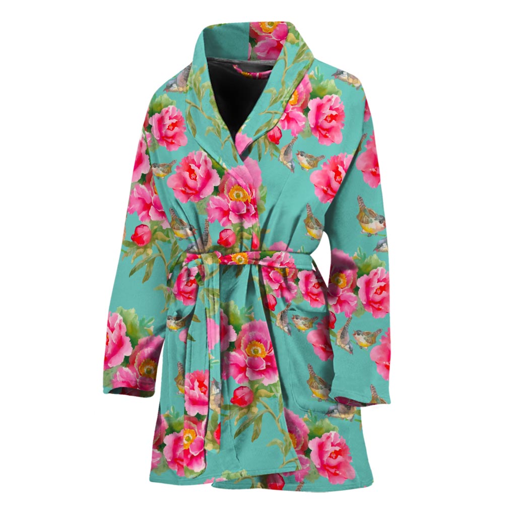 Bird Pink Floral Flower Pattern Print Women's Bathrobe