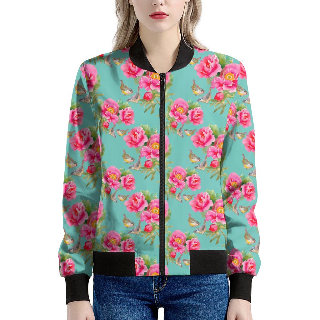 Bird Pink Floral Flower Pattern Print Women's Bomber Jacket