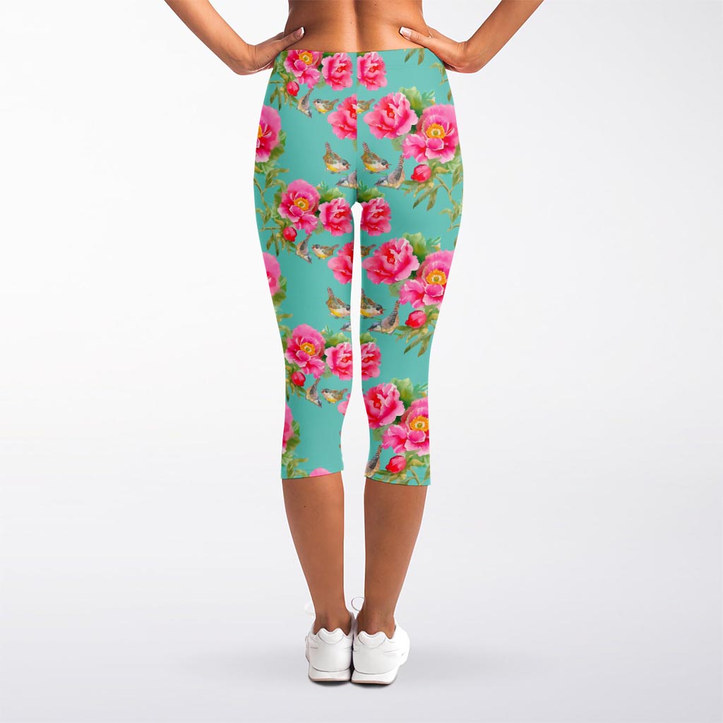 Bird Pink Floral Flower Pattern Print Women's Capri Leggings