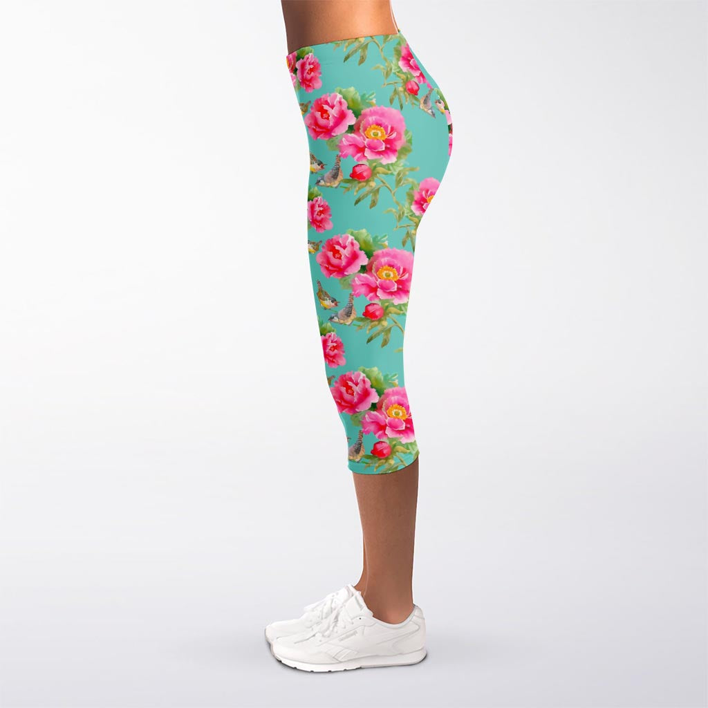Bird Pink Floral Flower Pattern Print Women's Capri Leggings