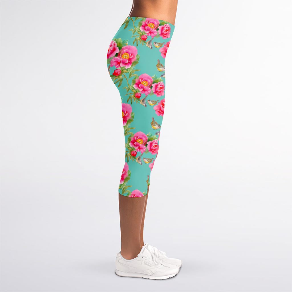 Bird Pink Floral Flower Pattern Print Women's Capri Leggings