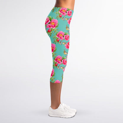Bird Pink Floral Flower Pattern Print Women's Capri Leggings