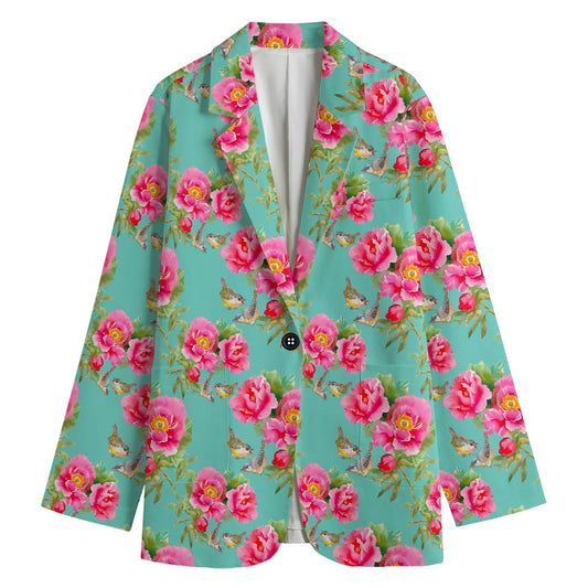 Bird Pink Floral Flower Pattern Print Women's Cotton Blazer