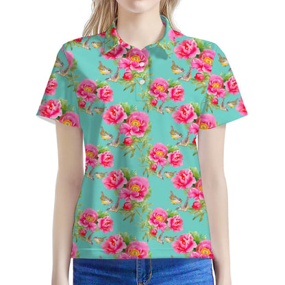 Bird Pink Floral Flower Pattern Print Women's Polo Shirt