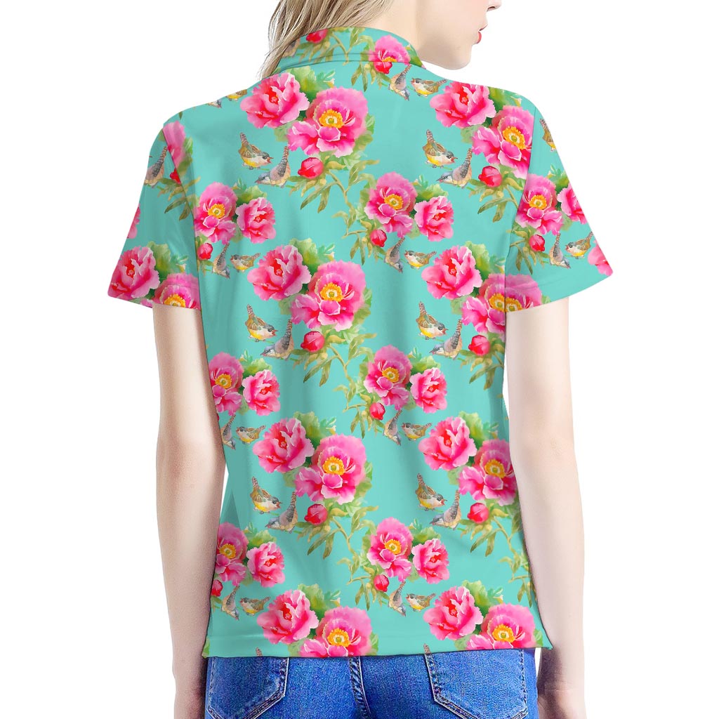 Bird Pink Floral Flower Pattern Print Women's Polo Shirt