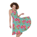 Bird Pink Floral Flower Pattern Print Sleeveless Knee Length Dress