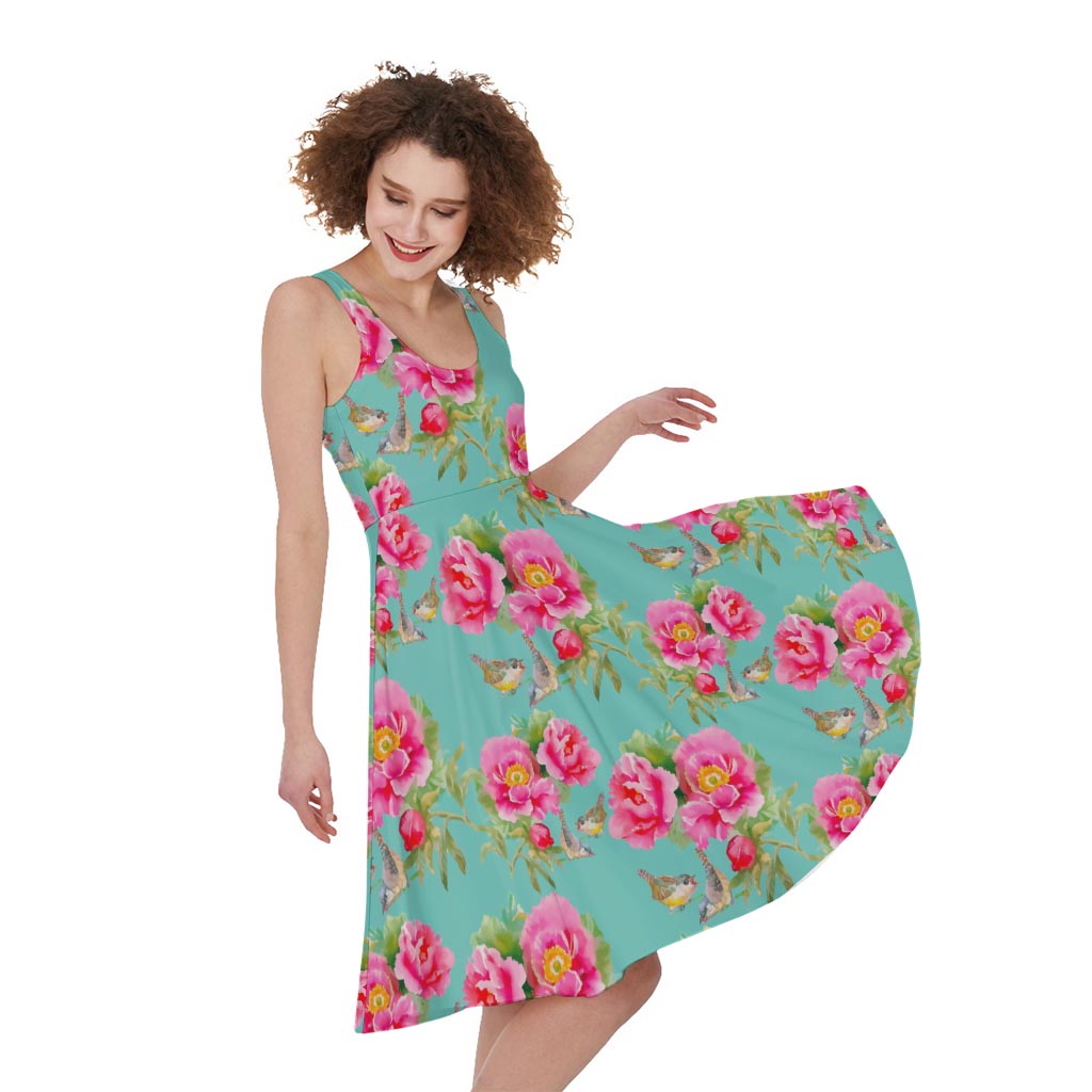 Bird Pink Floral Flower Pattern Print Women's Sleeveless Dress