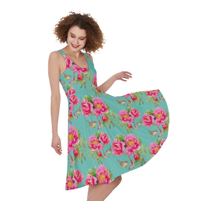 Bird Pink Floral Flower Pattern Print Women's Sleeveless Dress