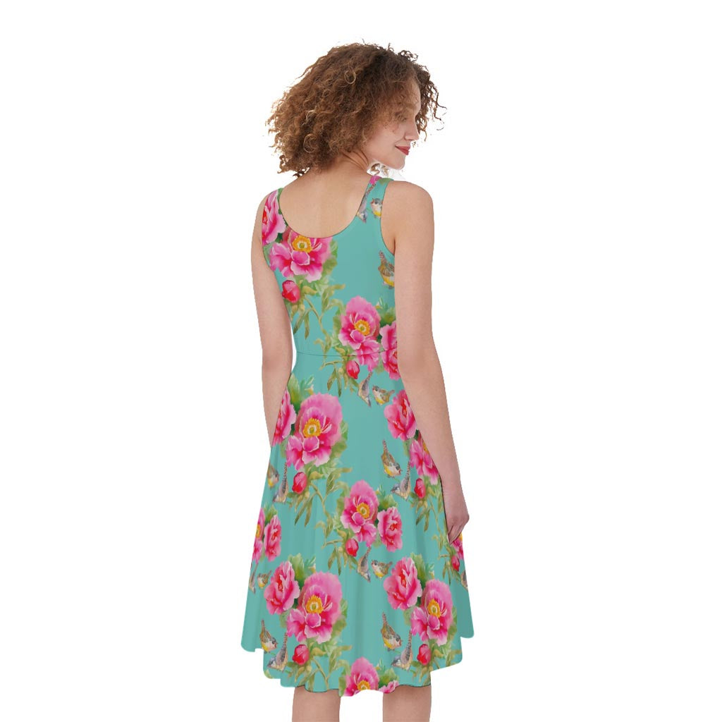 Bird Pink Floral Flower Pattern Print Women's Sleeveless Dress