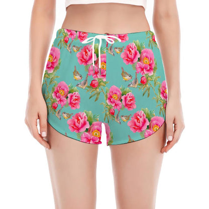 Bird Pink Floral Flower Pattern Print Women's Split Running Shorts