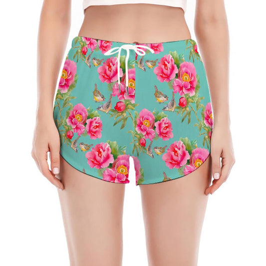 Bird Pink Floral Flower Pattern Print Women's Split Running Shorts