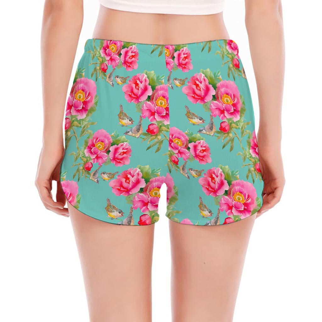 Bird Pink Floral Flower Pattern Print Women's Split Running Shorts