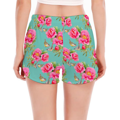 Bird Pink Floral Flower Pattern Print Women's Split Running Shorts