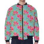 Bird Pink Floral Flower Pattern Print Zip Sleeve Bomber Jacket
