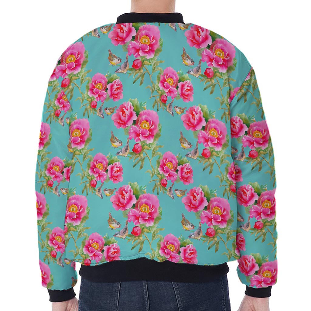 Bird Pink Floral Flower Pattern Print Zip Sleeve Bomber Jacket