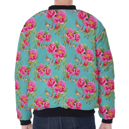 Bird Pink Floral Flower Pattern Print Zip Sleeve Bomber Jacket