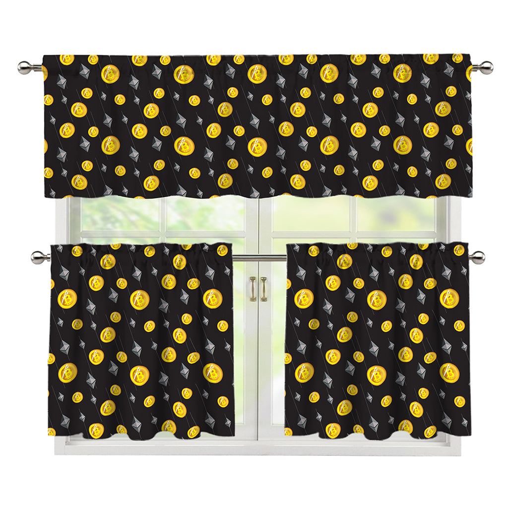 Bitcoin And Ethereum Pattern Print 3 Piece Kitchen Curtains