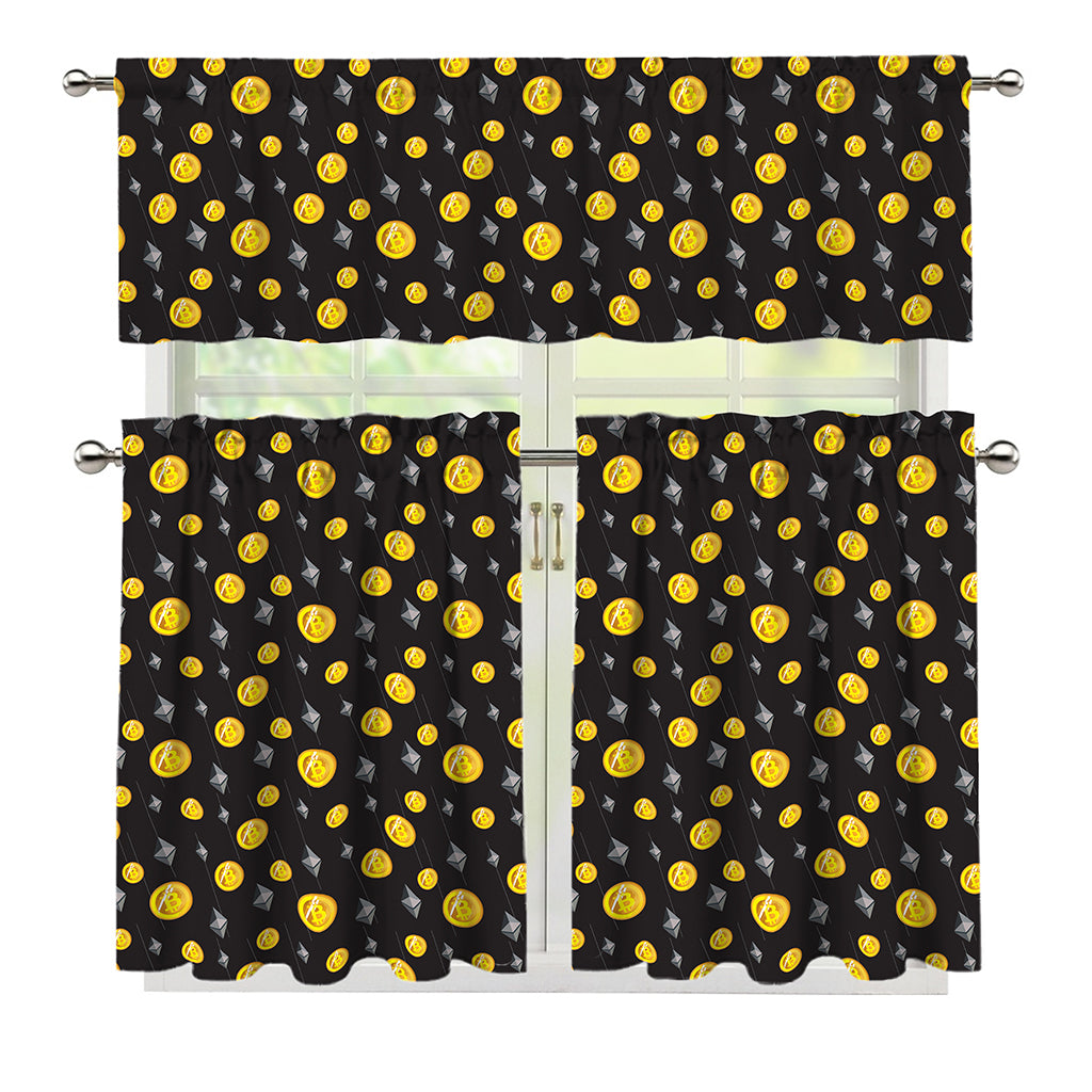 Bitcoin And Ethereum Pattern Print 3 Piece Kitchen Curtains