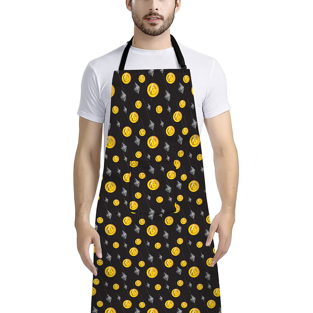 Bitcoin And Ethereum Pattern Print Bib Apron With Pocket