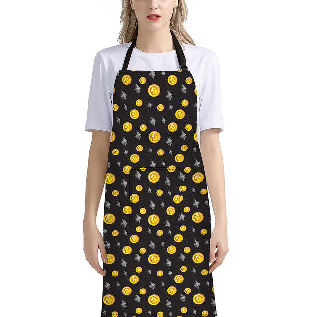 Bitcoin And Ethereum Pattern Print Bib Apron With Pocket