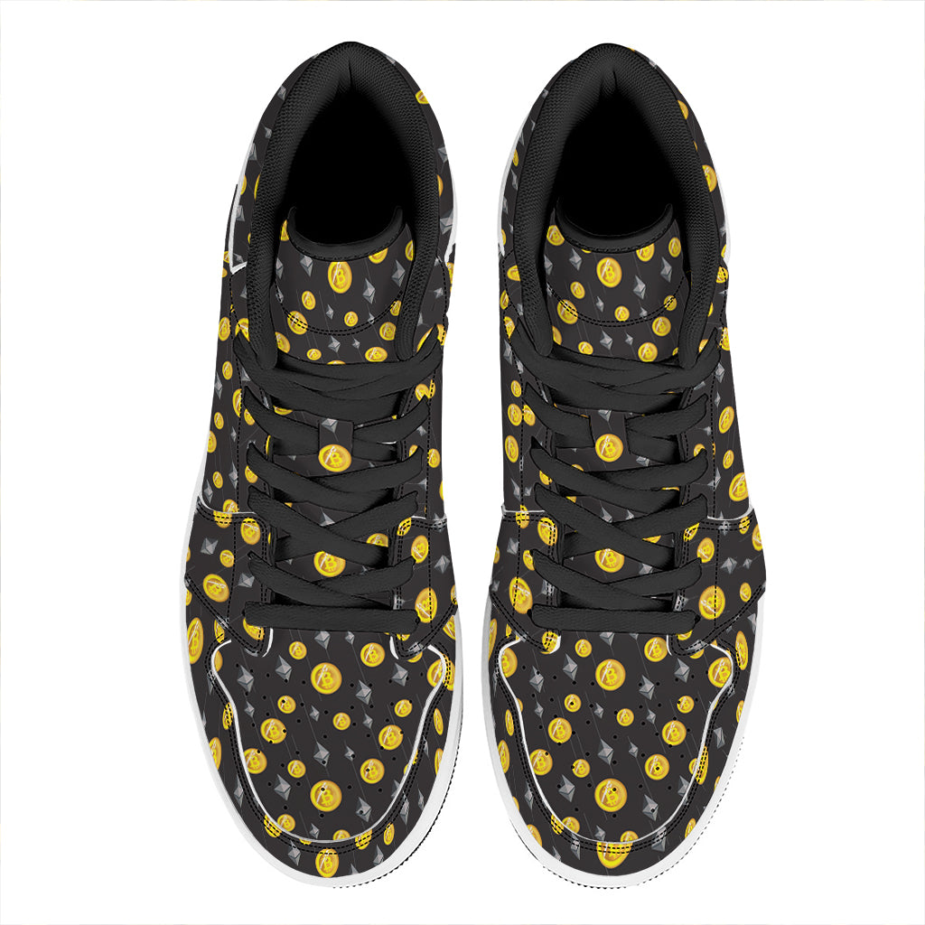 Bitcoin And Ethereum Pattern Print High Top Leather Sneakers