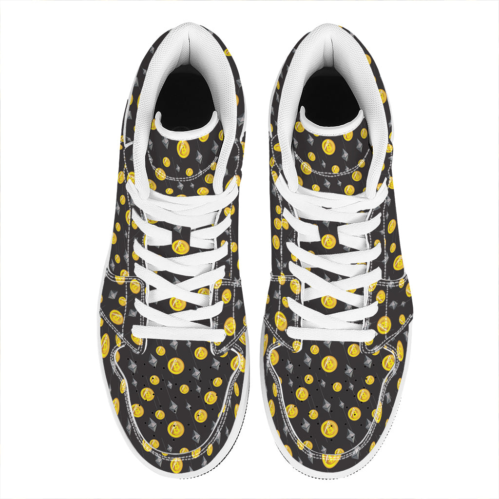 Bitcoin And Ethereum Pattern Print High Top Leather Sneakers