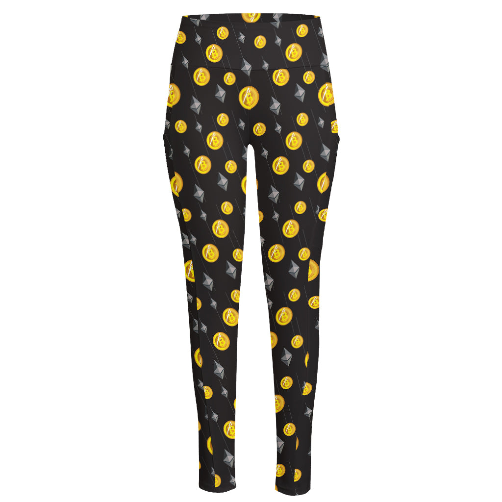 Bitcoin And Ethereum Pattern Print High-Waisted Pocket Leggings